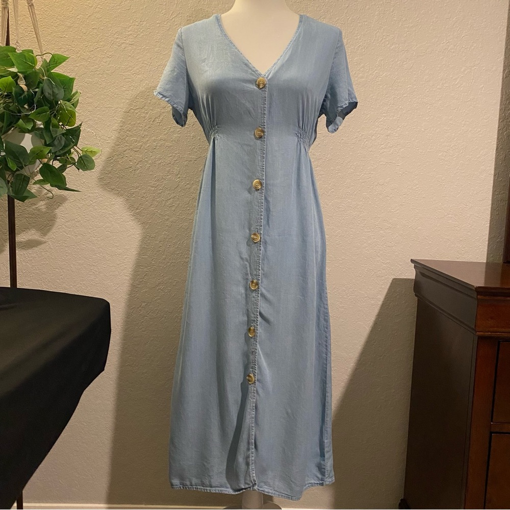 Sky Blue Button-Front Midi Dress